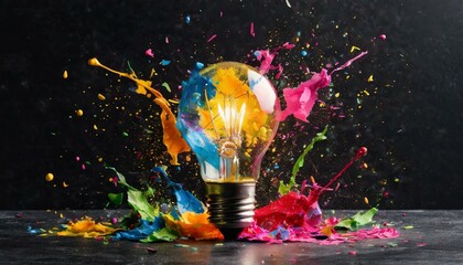 Creative light bulb explodes with colorful paint splashes and shards of glass on a black background. Think differently creative idea concept. Dry paint splatter. Brainstorm and think