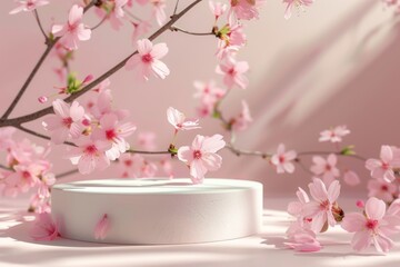 Wall Mural - spring mock up for cosmetic products featuring empty podium or pedestal with blooming flowers