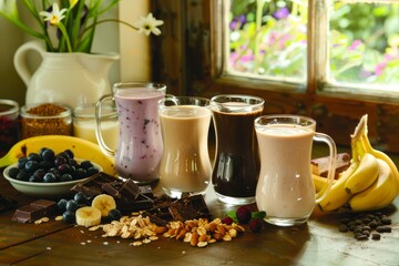 Poster - Table with various protein cocktails containing fresh milk chocolate blueberry and banana beverages