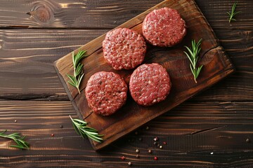 Canvas Print - Top view of flavorful homemade cutlets beef pork chicken on wooden background perfect for a hamburger