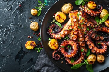 Canvas Print - Top view of grilled octopus and small potatoes with space for text and seasoned with herbs and spices