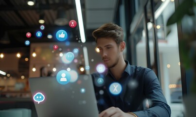 Wall Mural - AI Social Media icons and reflections from the screen of a handsome young businessman sitting and working on a laptop at the office. generative AI