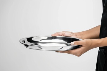 Waiter s hands holding covered metal tray on white surface