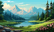 serene landscape beautiful scene evening lake colorful green lush summer mountains forest vector banner illustration