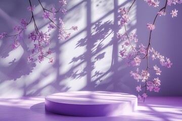 Wall Mural - window shadow overlay on purple surface pastel theme lilac backdrop with pink podium mockup cosmetic