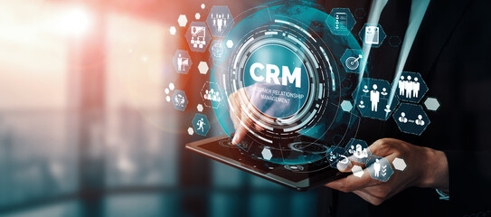 CRM Customer Relationship Management for business sales marketing system concept presented in futuristic graphic interface of service application to support CRM database analysis. uds