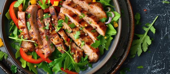 Canvas Print - A plate featuring savory sliced grilled pork salad surrounded by fresh greens and colorful salad toppings, served on a table.