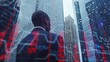 African American businessman in formal wear is watching at New York city skyscraper. Digital interface with bar diagram and binary code in foreground. Concept of successful trading on stock