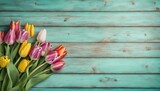 Fototapeta  - Colorful tulip bouquet on rustic wooden background