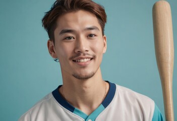 Wall Mural - A cheerful baseball player with a bat over his shoulder. He is wearing a team uniform and has a light stubble.