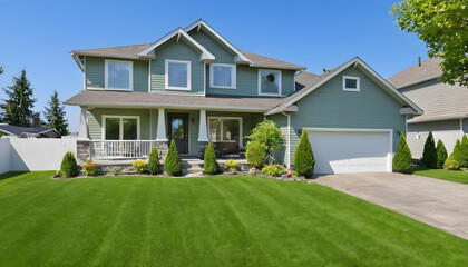 Beautiful exterior of newly built luxury home with yard with green grass and blue sky