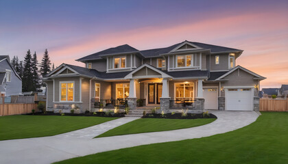 Wall Mural - Beautiful exterior of newly built luxury home with yard with green grass and twilight sky