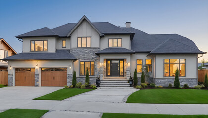 Wall Mural - Beautiful exterior of newly built luxury home with yard with green grass and blue sky