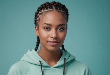 Sticker - Young woman in a teal hoodie, her braided hair and serene expression offer a look of calm comfort.