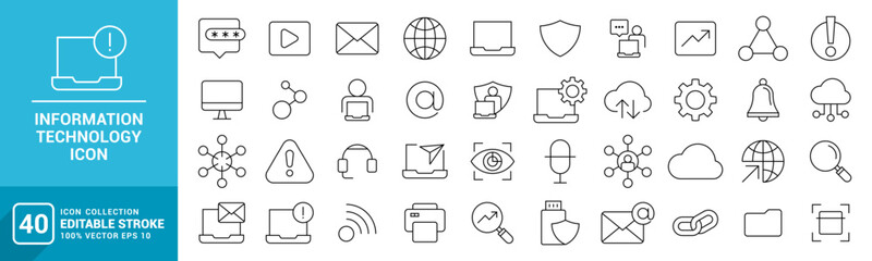 Collection of information technology icons, global internet, IT, system, network, data center, computer, vector template editable stroke, EPS 10.