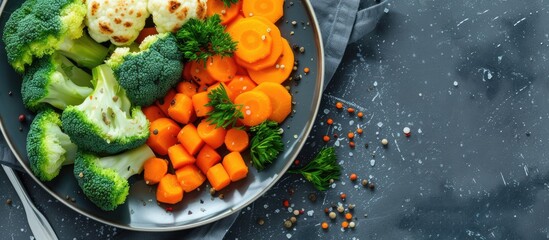 Poster - A colorful plate showcases a variety of healthy vegetables, including broccoli, carrots, and cauliflower, neatly arranged for a nutritious meal option.