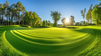 Panoramic view of golf course with rich green turf, beautiful scenery for golfing enthusiasts