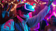 © keystoker - An old man immersed in virtual reality experience while surrounded by others at a lively party setting. Neon light, banner.