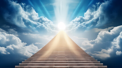 The stairs rise to the endless blue sky, symbolizing the path to success and achievement