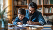 father helping child with homework a table at home