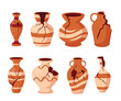 Set of Broken Ancient Vase set collection, Old greek jar vector. Cartoon cracked pieces clay pottery pot icon. Cracked greek pitcher. Excavations. Museum ceramic urn artifact vintage jug crockery.