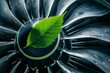 Close up of a jet engine with a green leaf symbol representing the use of eco friendly renewable jet fuel in modern aviation
