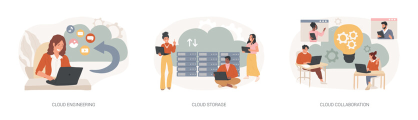 Wall Mural - Cloud-based computing isolated concept vector illustration set. Cloud engineering, storage and collaboration, hosted data storage, database security, remote business solutions vector concept.