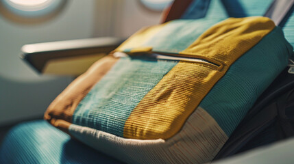 Sticker - Close up of a reusable flight amenity kit made from sustainable materials offered on board a carbon neutral flight