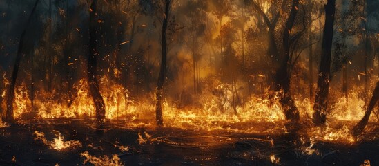 Wall Mural - The image captures a forest engulfed in flames, showing the destructive power of a wildfire as it spreads through the dry trees. The burning flames illuminate the surroundings, leaving devastation in