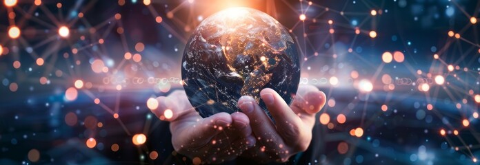 A man holding the planet earth in his hands, which symbolizes the networking of the global business structure and the connection of human resources.