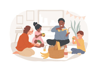 Wall Mural - Indoor picnic isolated concept vector illustration. Family quarantine fun, indoor activities, stay at home picnic, romantic time during pandemic, time spending ideas for kids vector concept.