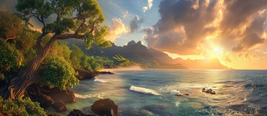 Canvas Print - A painting depicting the sun setting over the vast ocean, with vibrant hues of orange, red, and pink reflecting off the water. The scene captures the tranquil beauty of nature as the sun dips below