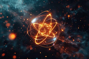 Wall Mural - atomic dance: subatomic realm, electrons, neutrons, and protons orbit a fixed nucleus in a model emp