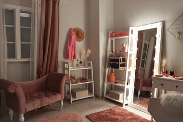 Poster - Interior of dark makeup room with glowing mirror and shelf units