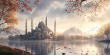 Mosque By The Calm Lake At Misty Morning With Golden Floral Frame