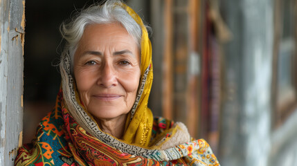 Wall Mural - Portrait of Italian middle aged woman wearing head scarf, composed with copy space.