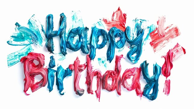 Words Happy Birthday isolated on white background made in Impressionism style. Decorative lettering of phrase Happy Birthday. Creative postcard. Ai Generated Digital art poster.