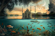 Mosque by the sea in half underwater view with fishes under water and crescent moon in the sky