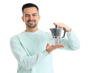 Poster - Handsome man with geyser coffee maker on white background