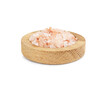 Wooden bowl with Himalayan pink salt on white background