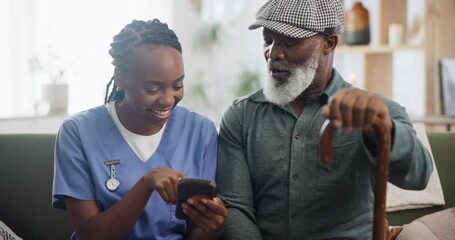 Poster - Man, nurse and cellphone or smile in retirement with walking stick for healthcare, caregiver or online. Elderly person, woman and information on internet in home for news reading, connection or relax