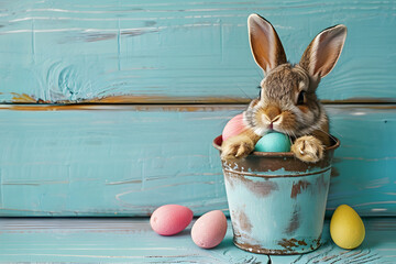Wall Mural -  Easter bunny rabbit and eggs on blue background.