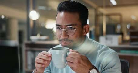 Sticker - Man, night and computer for business and drinking coffee, reading report and working overtime on startup. Asian male person, plan and research on internet for proposal, website and tea for deadline