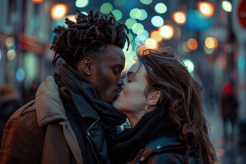 Canvas Print - Young man in love kisses his girlfriend in city