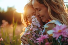 Mother And Daughter Happy And Smiling In Beautiful Landscape With Sunset, Mother's Day Celebration.