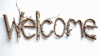 Wall Mural - The word Welcome isolated on white background made in Willow Twig Letters style. Decorative lettering of a word Welcome. Creative postcard. Ai Generated Digital art poster.