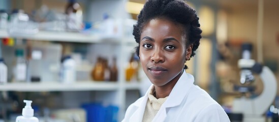 Wall Mural - a female scientist wearing a white lab coat is holding a transparent bottle filled with liquid. she 