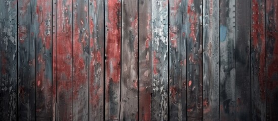 Wall Mural - A weathered wooden wall stands with a layer of red paint chipping and peeling, creating a striking contrast of textures. The red paint adds a pop of color to the rustic setting, making for an