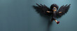 Cute voxel girl doll with glasses and short black hair flying with black wings on blue background 3D render copy space illustration