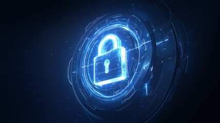 Padlock cyber security technology concept glowing neon light on a dark background